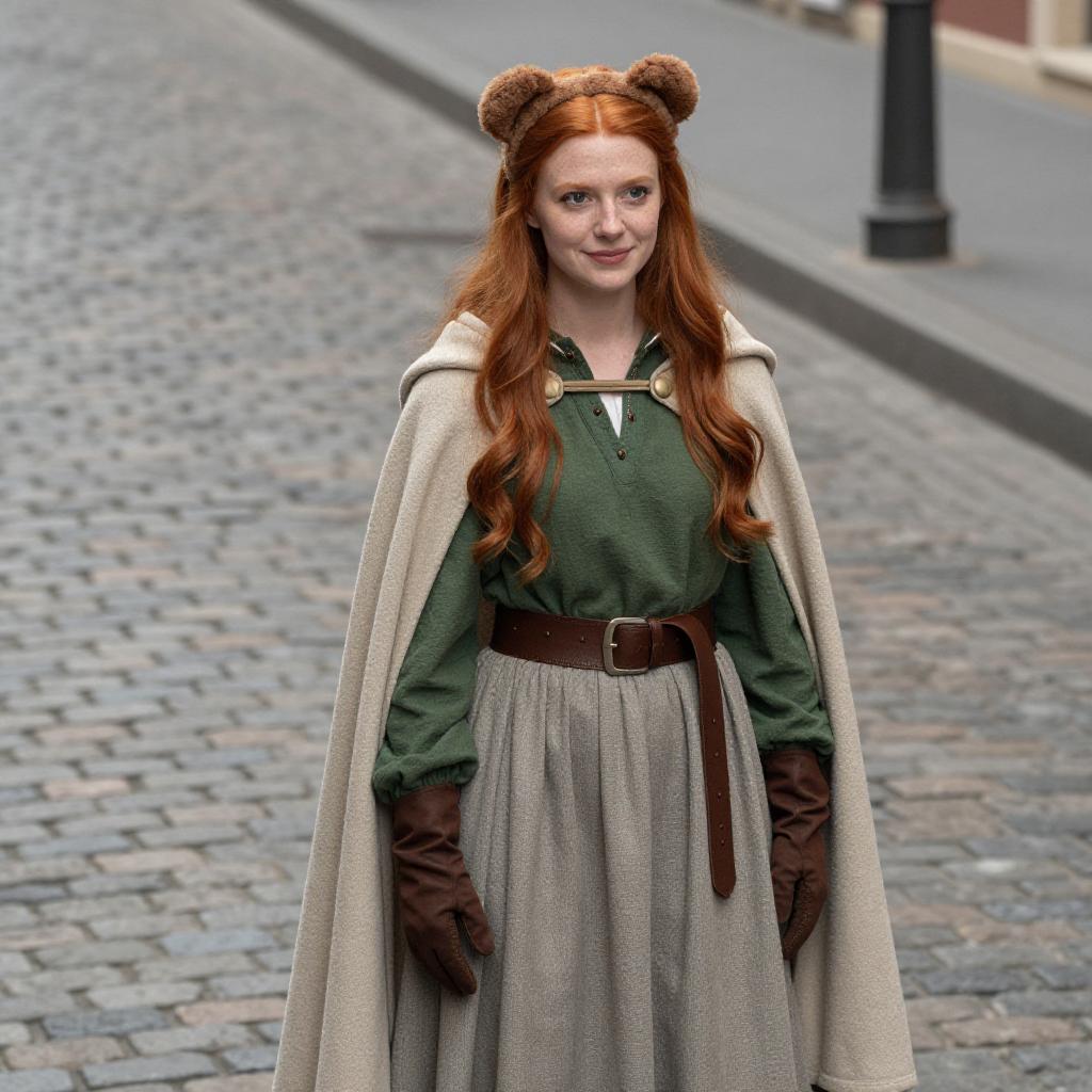 Young Woman in Medieval Style Outfit with Bear Ears Hairstyle on Cobblestone Street