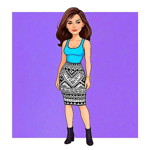Stylish Woman in Casual Chic Aqua Blue Top and Geometric Patterned Skirt Illustration