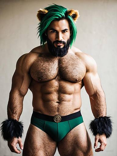 Muscular Man with Green Hair and Animal Ears in Fitness Fantasy Style
