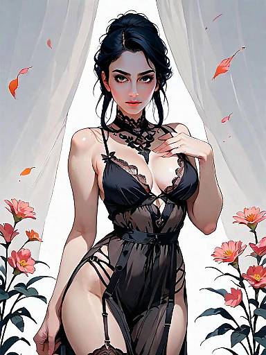 Elegant Woman in Black Lace Sheer Chiffon Nightgown Digital Illustration