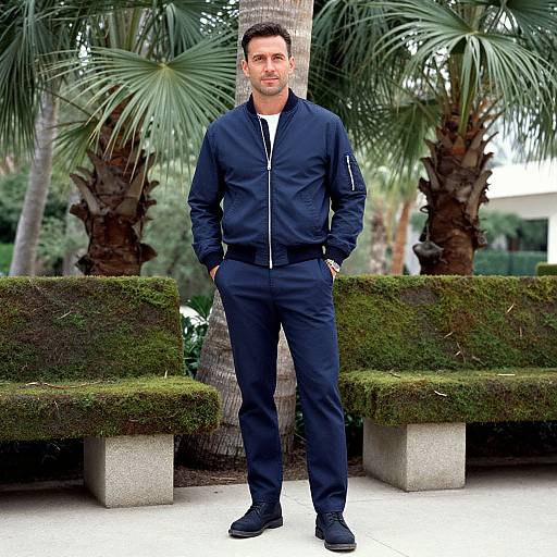 Man in Navy Blue Bomber Jacket and Trousers Outdoors with Palm Trees