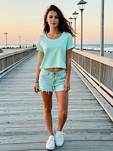 Young Woman Walking on Pier at Sunset in Casual Summer Outfit