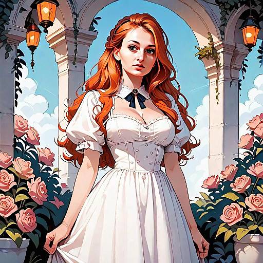 Elegant Red-Haired Woman in White Victorian Dress Amidst Rose Garden Arches