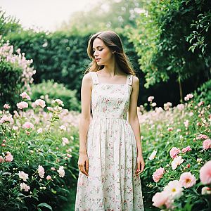 Young Woman in Floral Dress in Blooming Garden