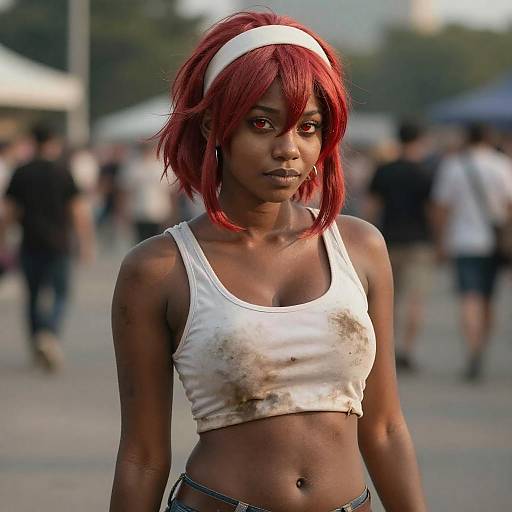 Red-Haired Woman in Dirty Crop Top Inspired by Dirty Pair Style