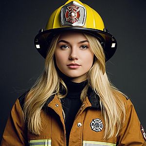 Confident Woman Firefighter in Yellow Helmet and Protective Jacket
