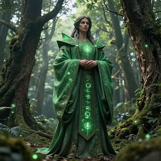 Mystical Woman in Glowing Green Magical Robe in Enchanted Forest