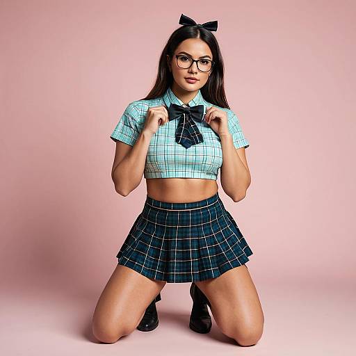 Stylish Young Woman in Plaid Crop Top and Pleated Skirt Fashion Pose