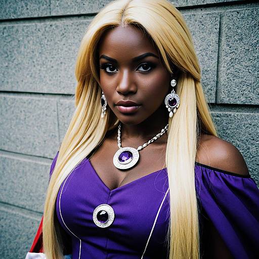 Confident Woman in Purple Dress with Blonde Hair and Amethyst Jewelry