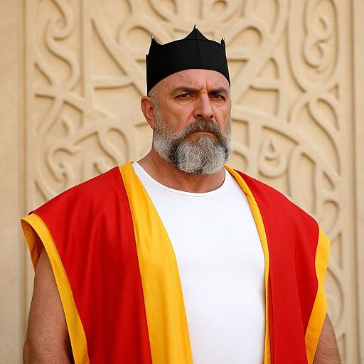 Regal Bearded Man in Medieval Style Robe and Crown