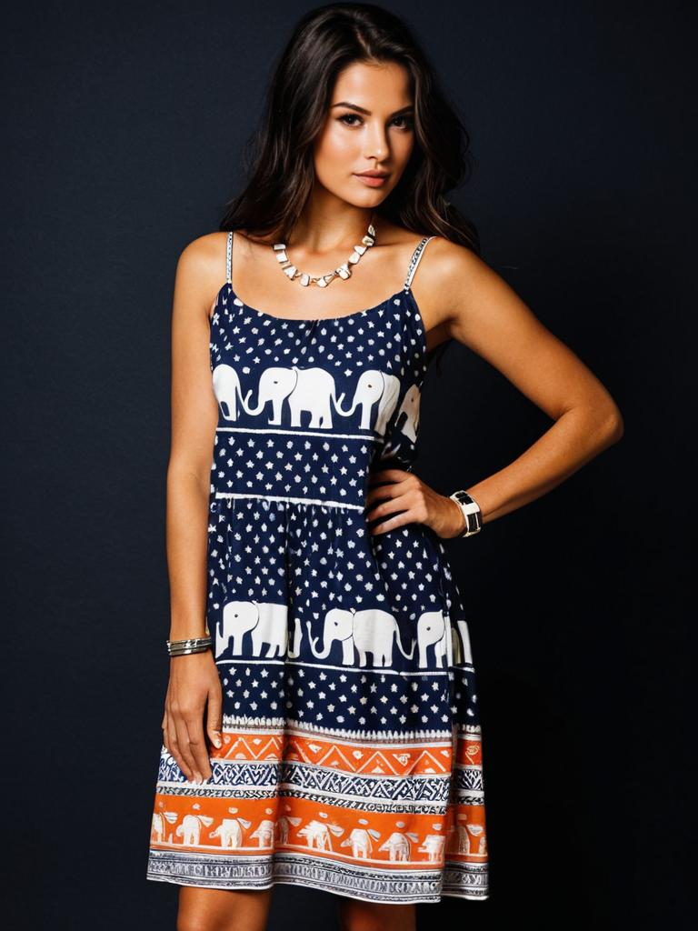 Woman in Bohemian Sleeveless Navy Blue Dress with Elephant Print