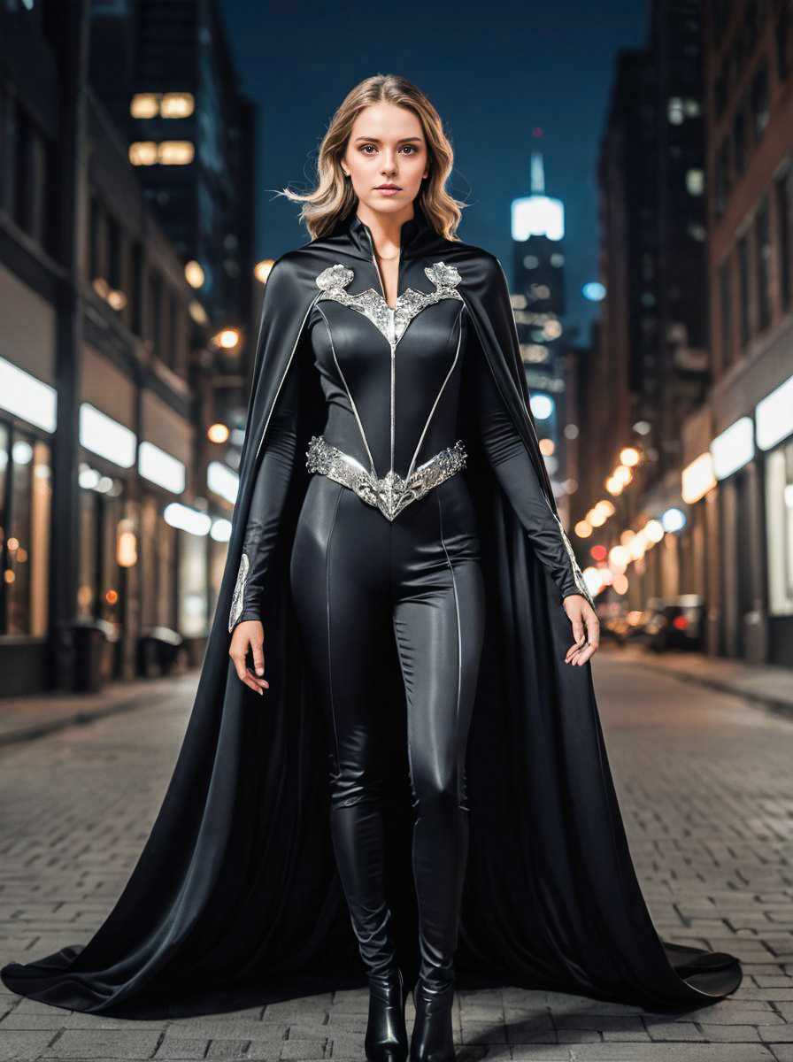 Confident Woman in Black Superhero Costume