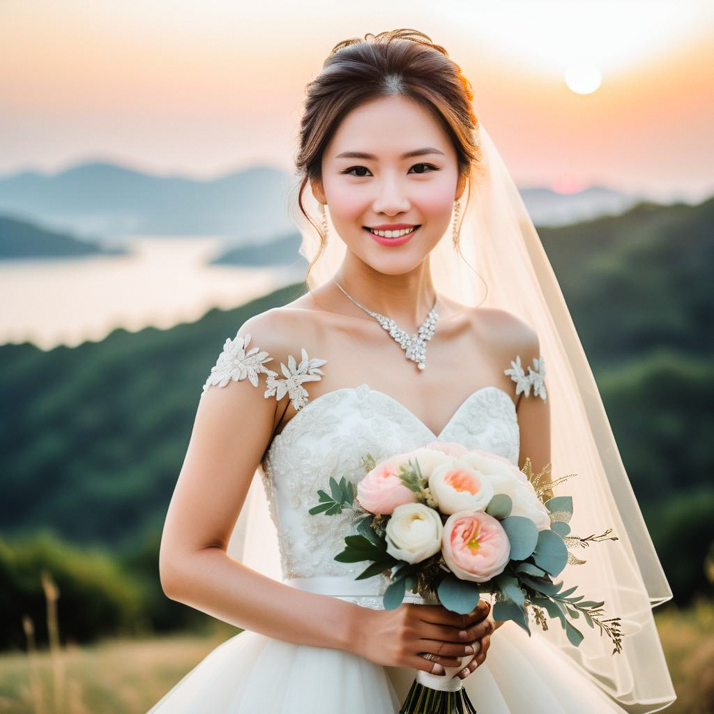 Beautiful Bride at Sunset with Mountain Lake Background