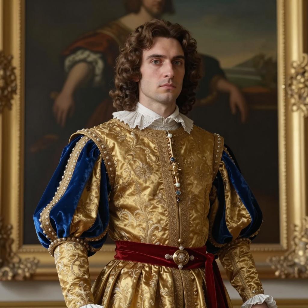 Renaissance Man in Ornate Embroidered Gold and Blue Costume
