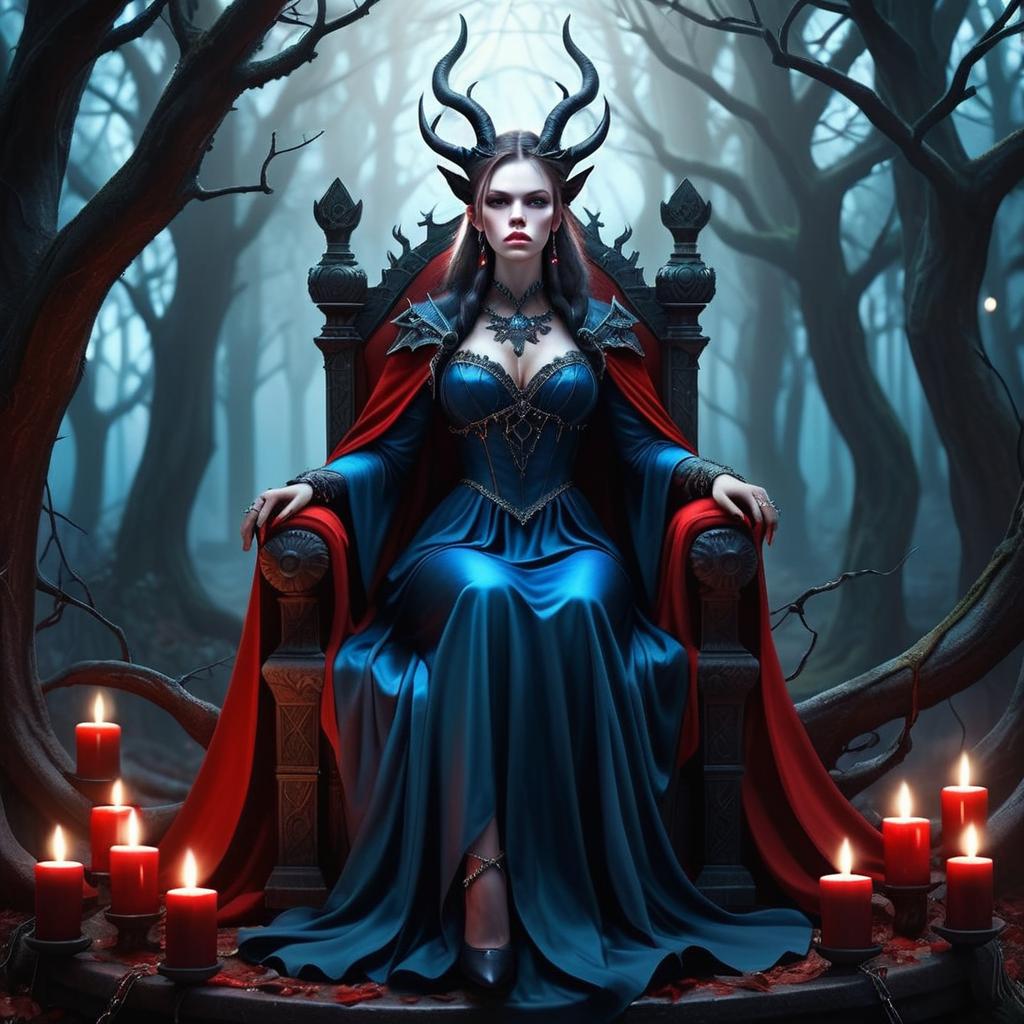 Regal Woman in Blue Gown on Throne in Misty Forest