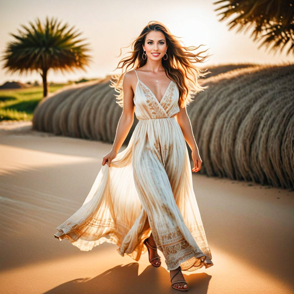 Elegant Woman on Sunlit Beach in Ivory Dress