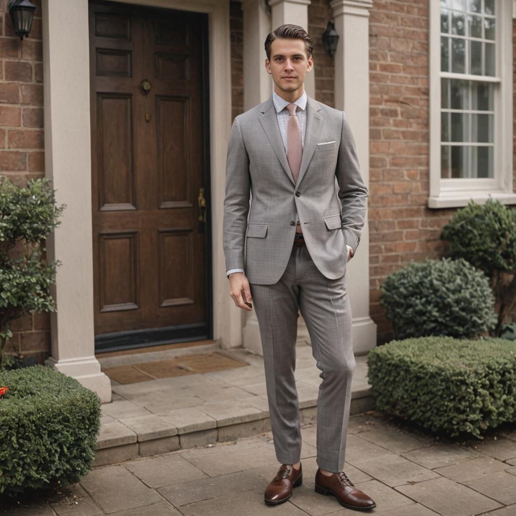 Stylish man in grey suit at house entrance