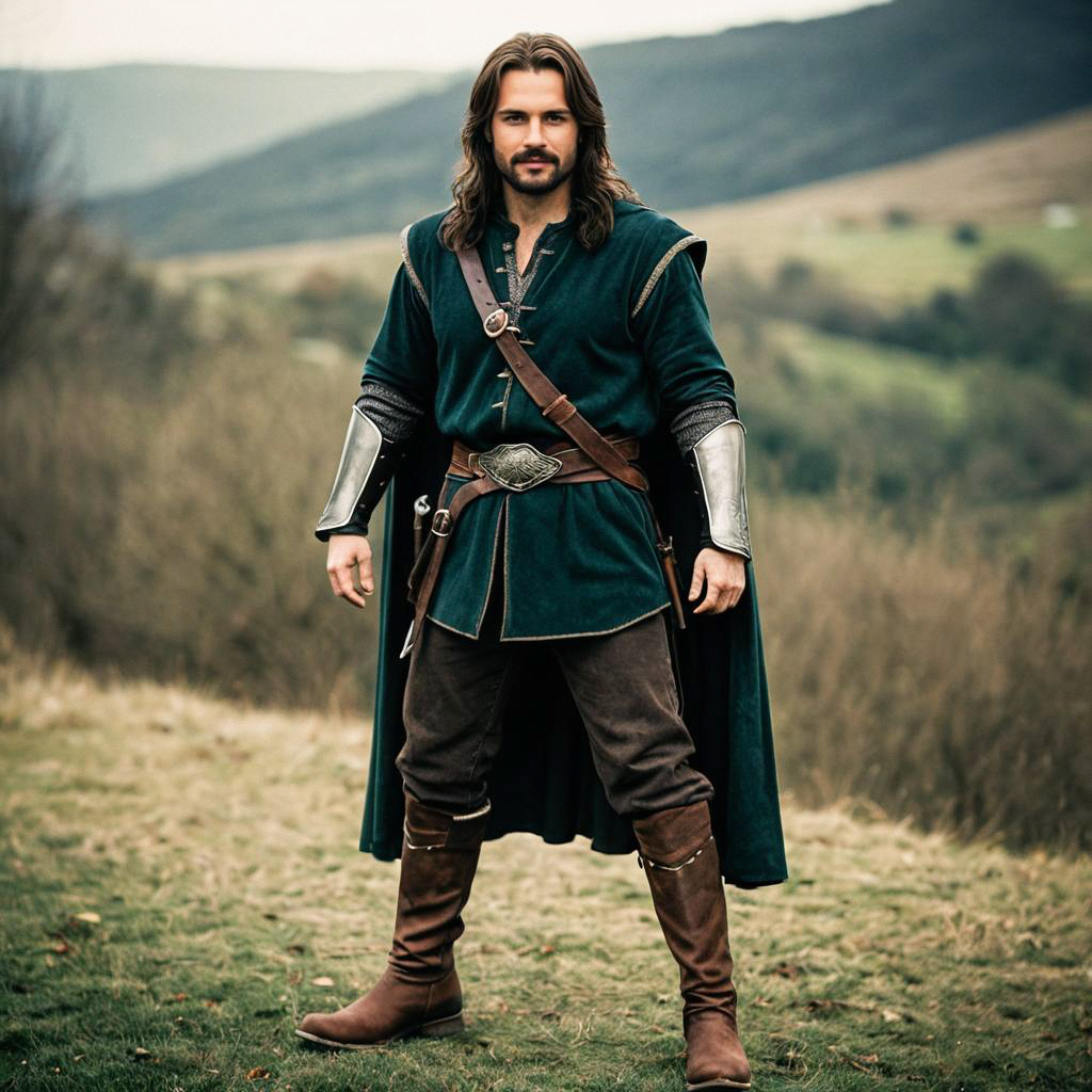 Medieval Man in Green Costume Outdoors