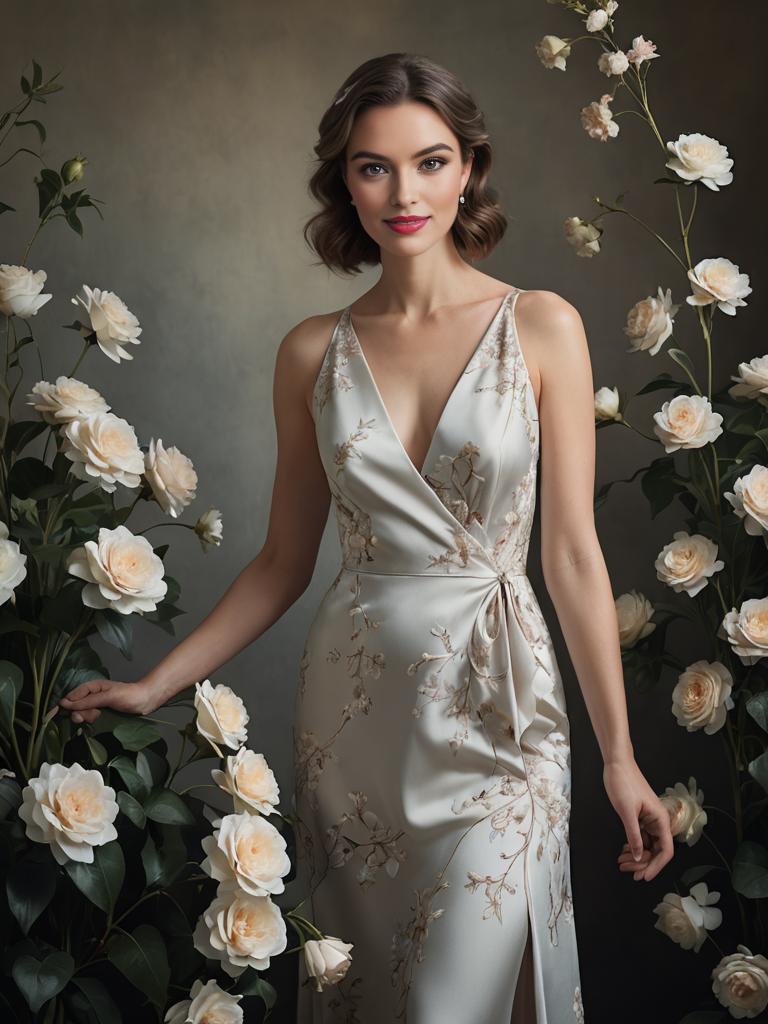 Elegant Woman Among White Roses