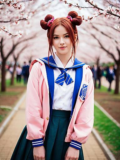 Hanami Season Young Woman in Japanese School Uniform Under Cherry Blossoms