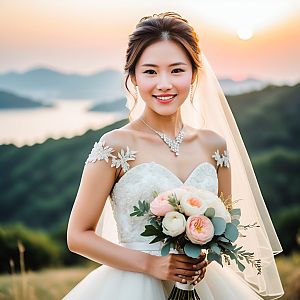 Beautiful Bride at Sunset with Mountain Lake Background
