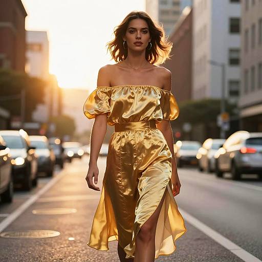 Woman in Golden Satin Dress Walking on Urban Street at Sunset