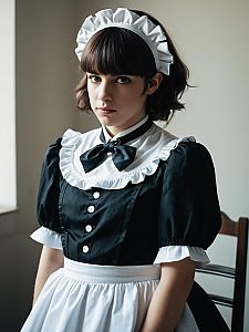 Photorealistic Humorous Cosplay Portrait of Boy in French Maid Outfit