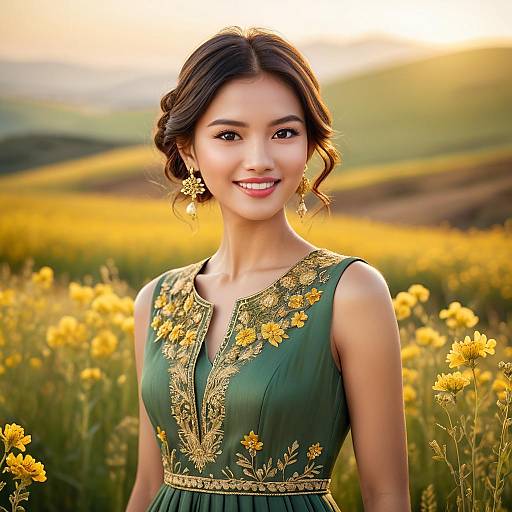 Elegant Woman in Green Embroidered Dress in Golden Flower Field