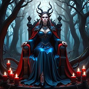 Regal Woman in Blue Gown on Throne in Misty Forest