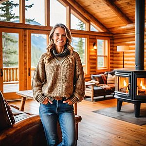 Confident Woman in Cozy Cabin with Mountain Views