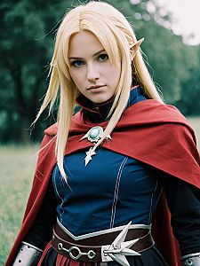 Realistic Trisha Elric Cosplay Woman in Fantasy Costume Outdoors