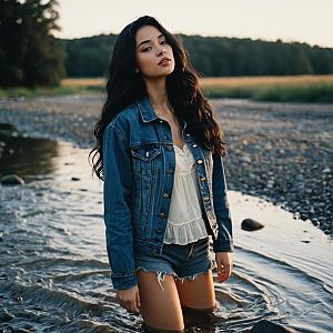 Young Woman in Denim Jacket Standing in River at Golden Hour
