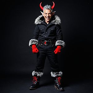 Joyful man in festive black outfit with devil horns