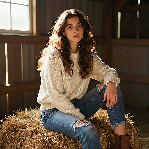 Young Woman in Cozy Sweater and Ripped Jeans Sitting on Hay Bale in Barn
