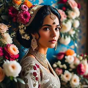 Woman in Traditional Attire with Gold Jewelry
