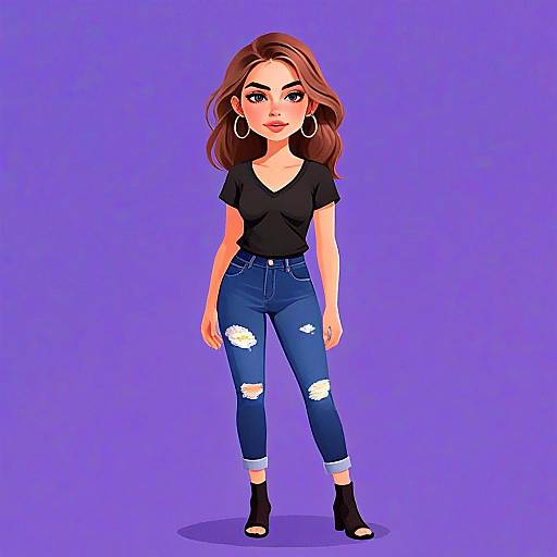Stylish Woman in Casual Black V-Neck T-Shirt and Ripped Blue Jeans Digital Illustration