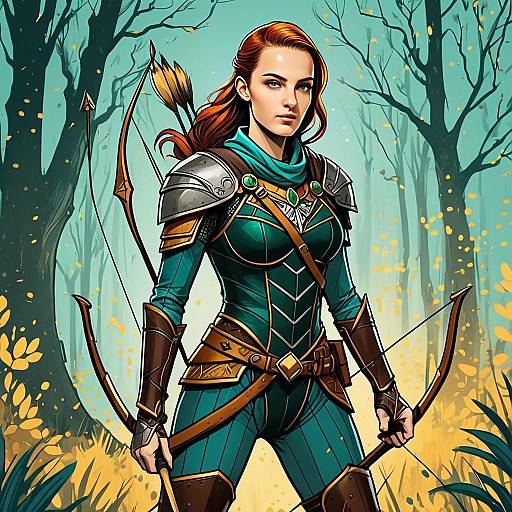 Fantasy Woman Archer in Detailed Armor Standing in Enchanted Forest Illustration