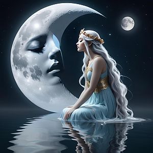 Serene Woman with Silver Hair and Crown Under Starry Sky