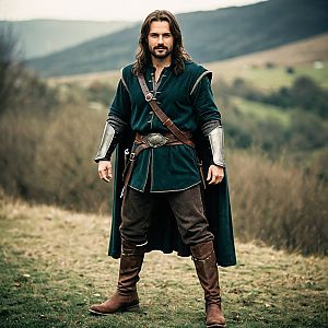 Medieval Man in Green Costume Outdoors