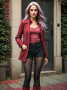 Confident Young Woman in Maroon Blazer and Black Shorts