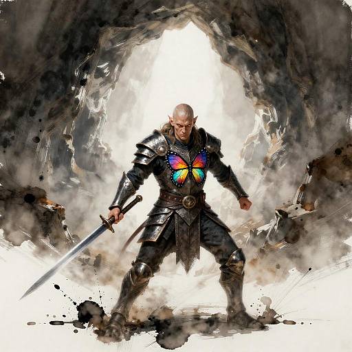 Elven Warrior with Vibrant Butterfly Chest Armor in Fantasy Cave
