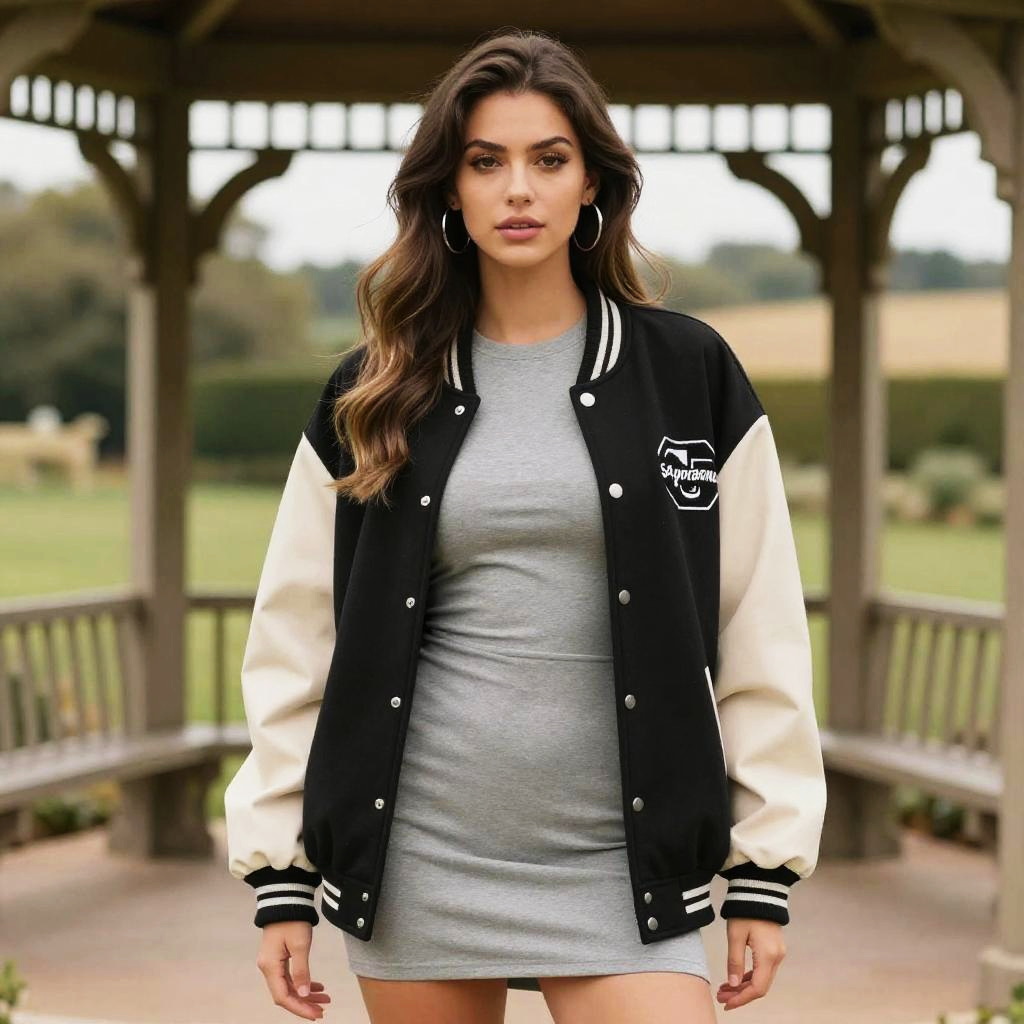 Sporty Chic Woman Wearing Fitted Grey Mini Dress with Varsity Jacket Outdoors