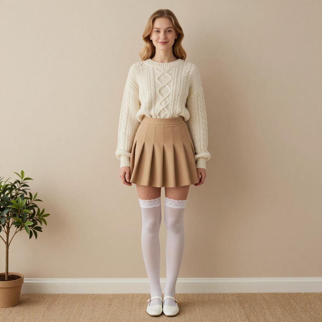 Gen Z Style Woman in Cream Sweater and Tan Pleated Skirt