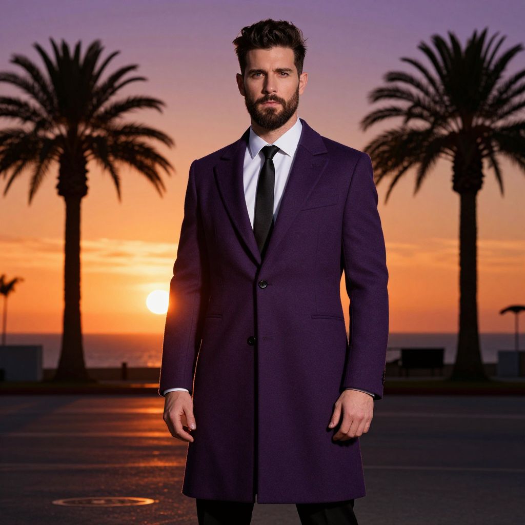 Man Wearing Purple Overcoat at Sunset with Palm Trees Background