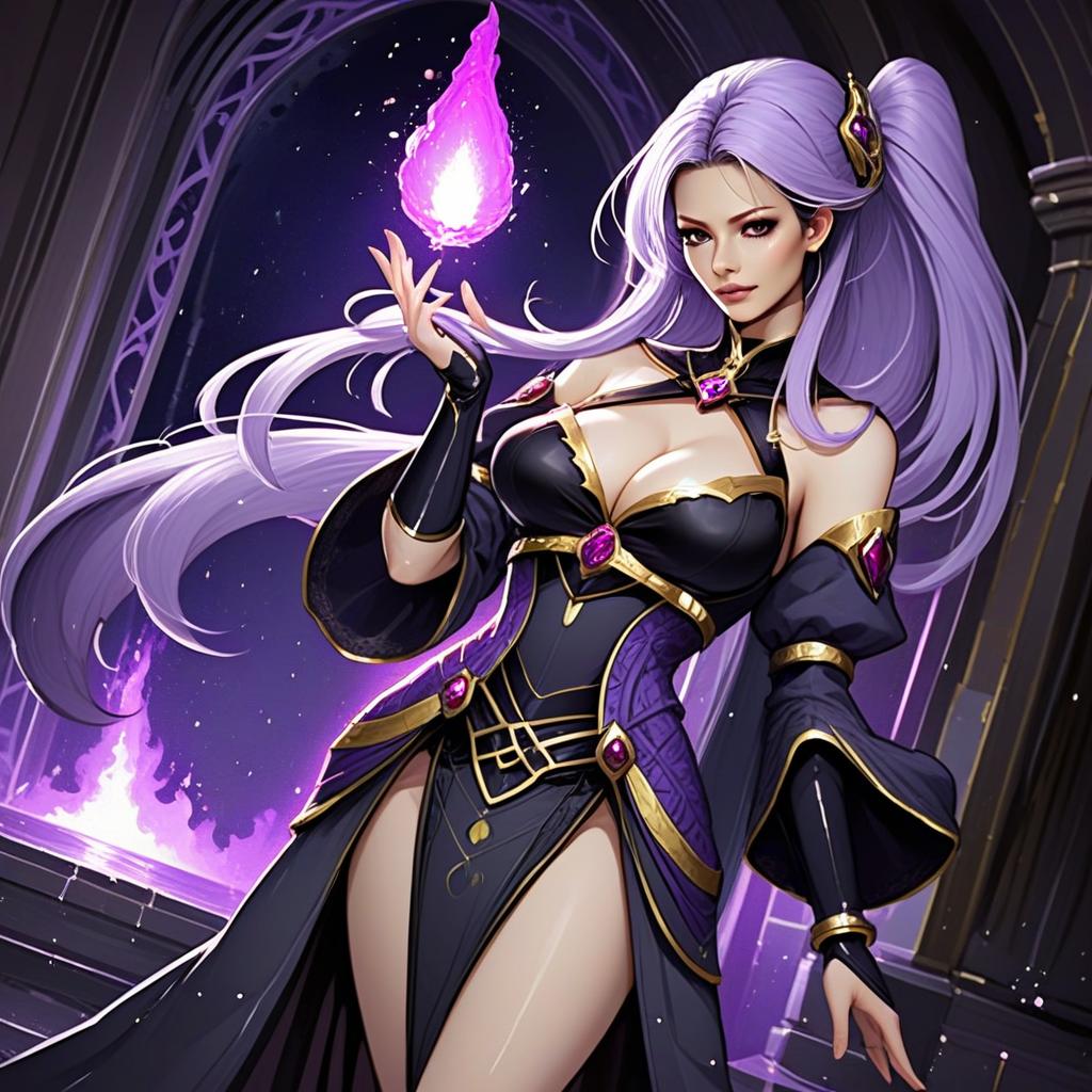 Ishtar Fire Emblem Style Fantasy Mage with Purple Flame - Digital Art Illustration