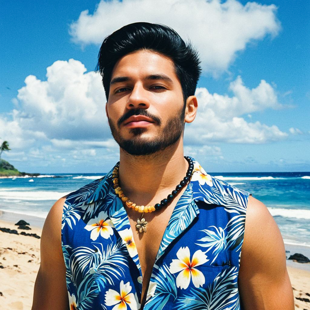 Confident Man in Hawaiian Shirt on Sunny Beach