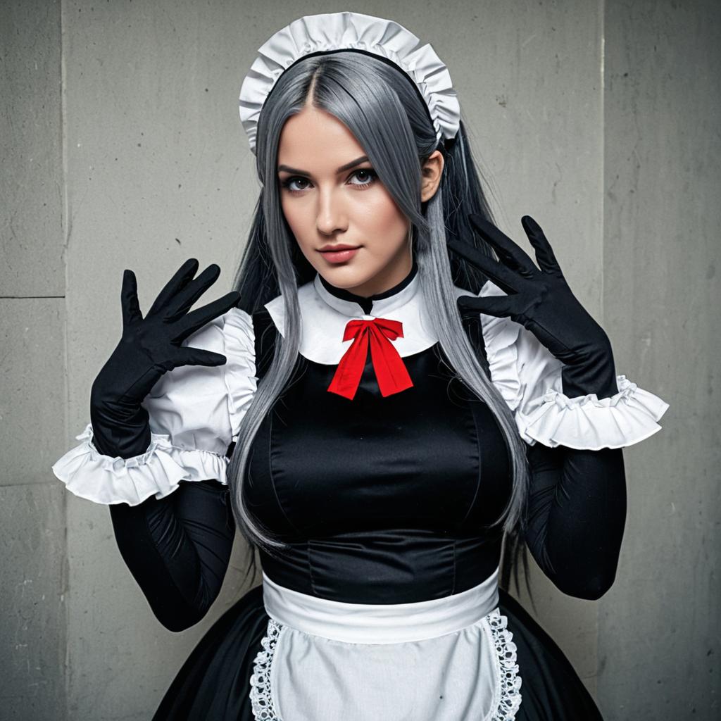 Woman in Stylish Black and White Maid Costume with Silver Hair