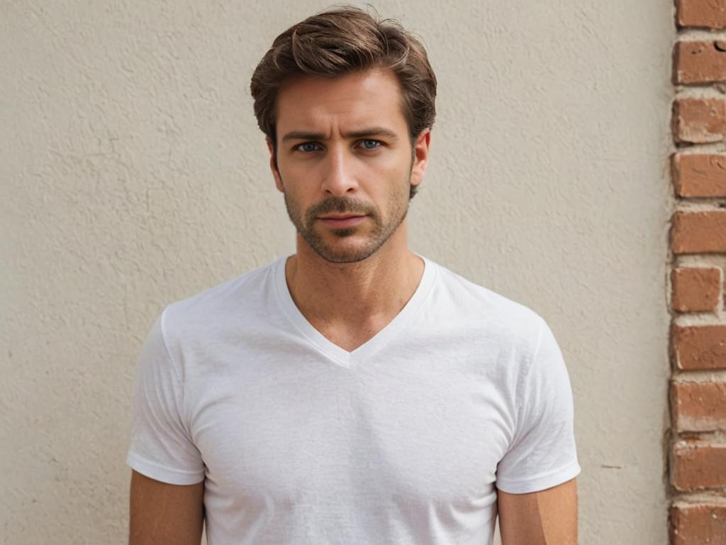 Confident man in casual white v-neck t-shirt