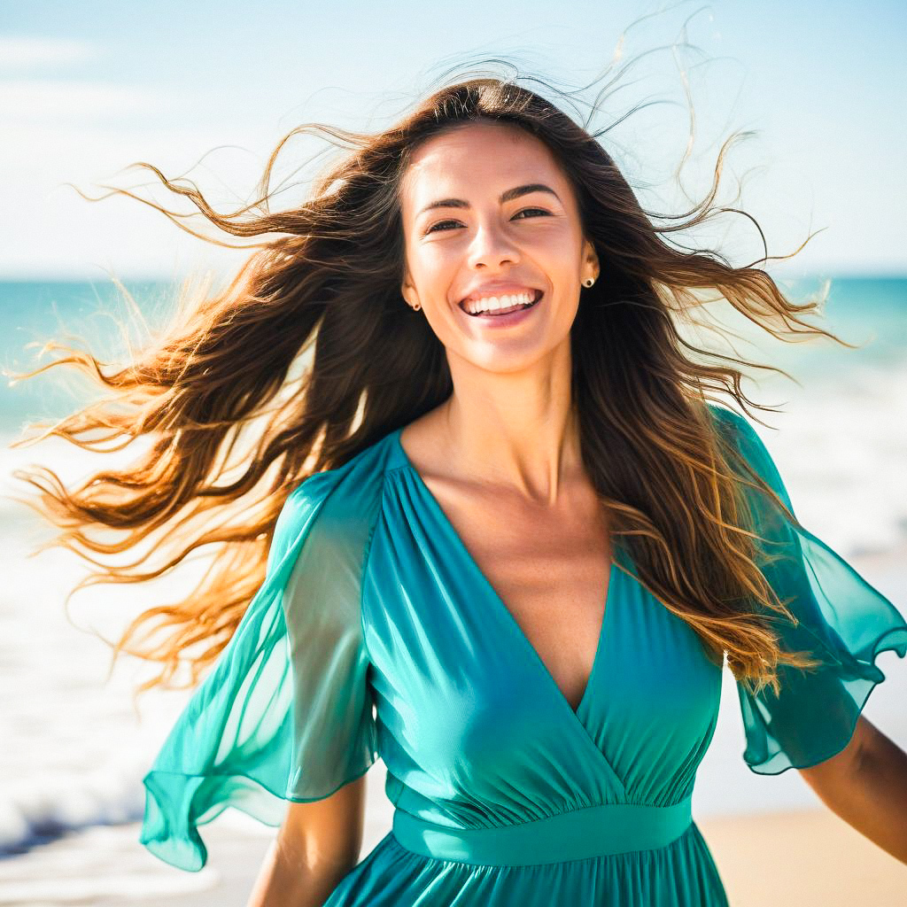 Joyful Woman in Teal Dress on Sunny Beach Joyful Woman in Teal Dress on Sunny Beach