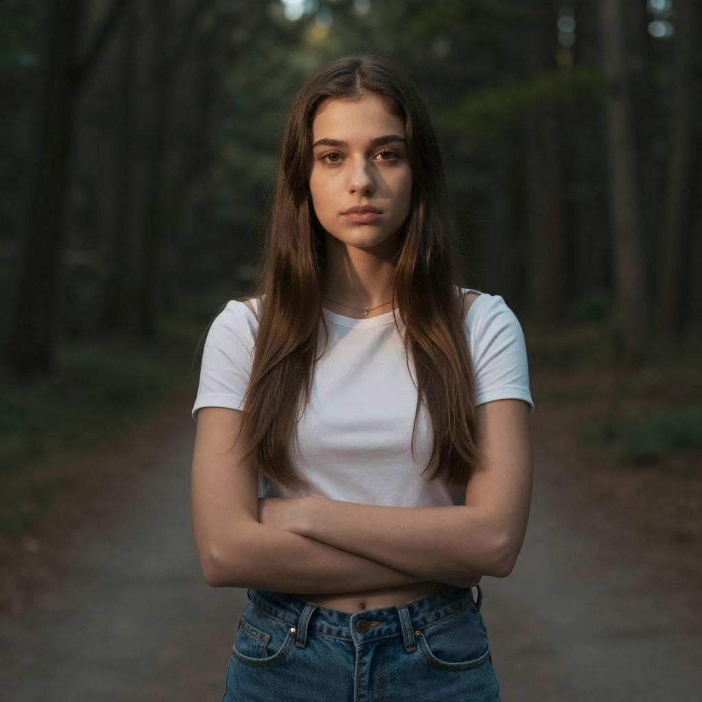 Confident Young Woman Standing on Forest Path Wearing White T-Shirt and Jeans